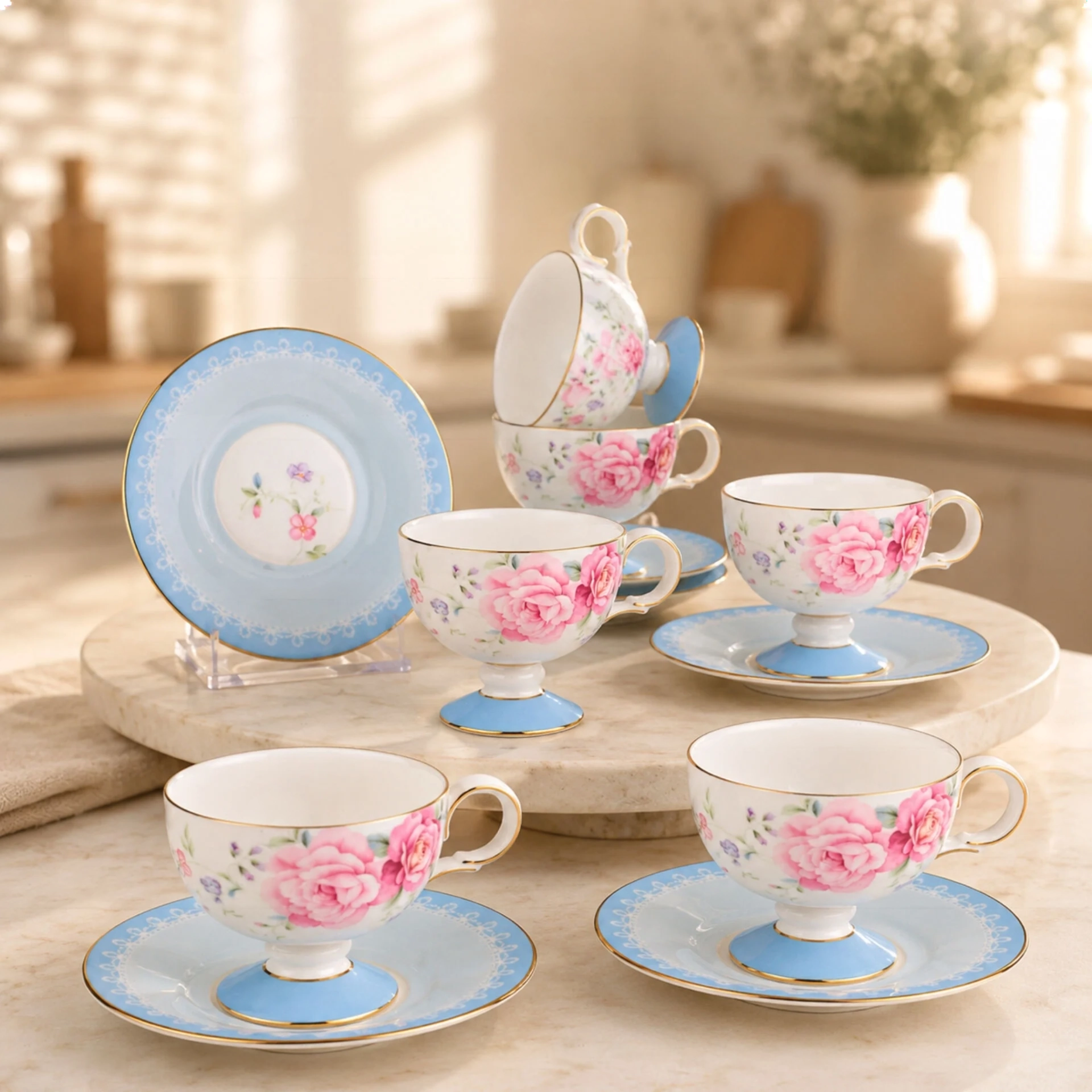 Mavi Royal Charme-FLORA 6 Kişilik Kahve Fincan Takımı